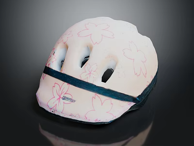White Bicycle Helmet Featuring Pink Cherry Blossom Patterns And Dark Blue Strap 3d model