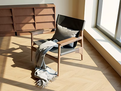 Modern Leisure Chair With Wooden Frame Black Cushion Gray Pillow And Blanket In Sunlit Room 3d model