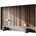 Modern Gray Textured Wall Design With Vertical Slats And Hanging Pendant Lights