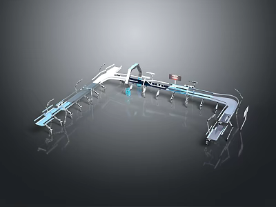 Modern Industrial Conveyor Equipment With Curved Metal Frames And Control Panels 3d model