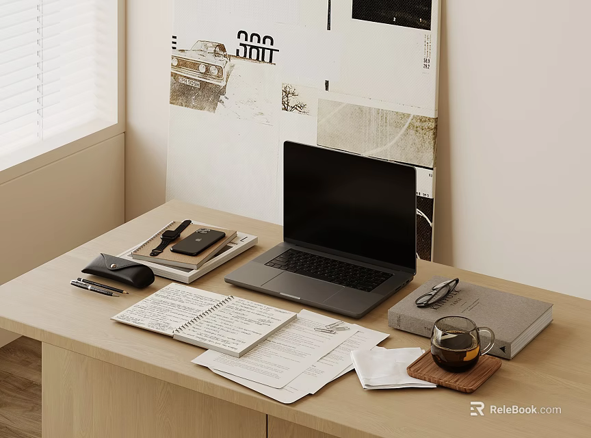 Laptop on Wooden Desk with Papers Eyeglasses Coffee Cup and Poster 3d model 