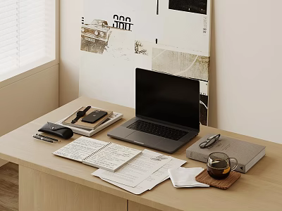 Laptop on Wooden Desk with Papers Eyeglasses Coffee Cup and Poster 3d model