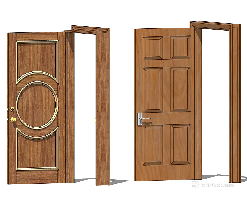 Wooden Swing Doors With Decorative Circular Panel And Simple Panel Design 3d model