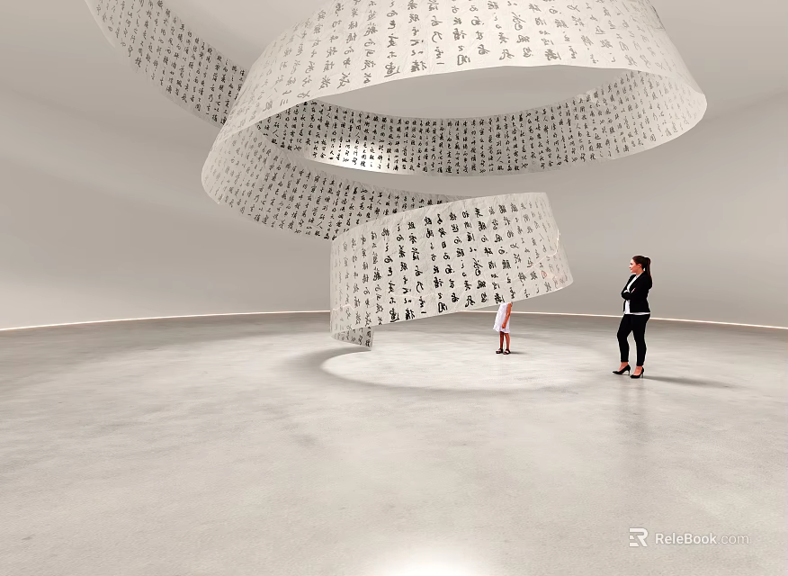 Hanging Spiral Calligraphy Art Installation In White Indoor Gallery With Viewers 3d model 