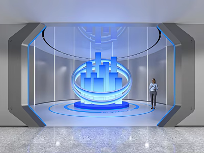 Modern Tech Exhibition Hall With Futuristic Blue Cityscape Sculpture And Visitor 3d model