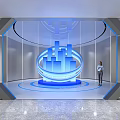 Modern Tech Exhibition Hall With Futuristic Blue Cityscape Sculpture And Visitor