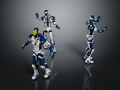 3D Rendered Blue And White Robots With Yellow Heads In Different Standing Waving Poses 3d model