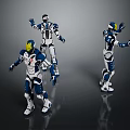 3D Rendered Blue And White Robots With Yellow Heads In Different Standing Waving Poses