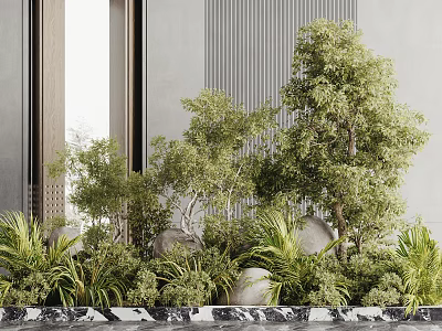Lush Indoor Green Plant Landscape With Various Greenery Stones Gray Walls And Large Windows 3d model