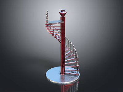 Red Metal Spiral Staircase Model With Circular Silver Base And Decorative Design 3d model