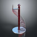 Red Metal Spiral Staircase Model With Circular Silver Base And Decorative Design