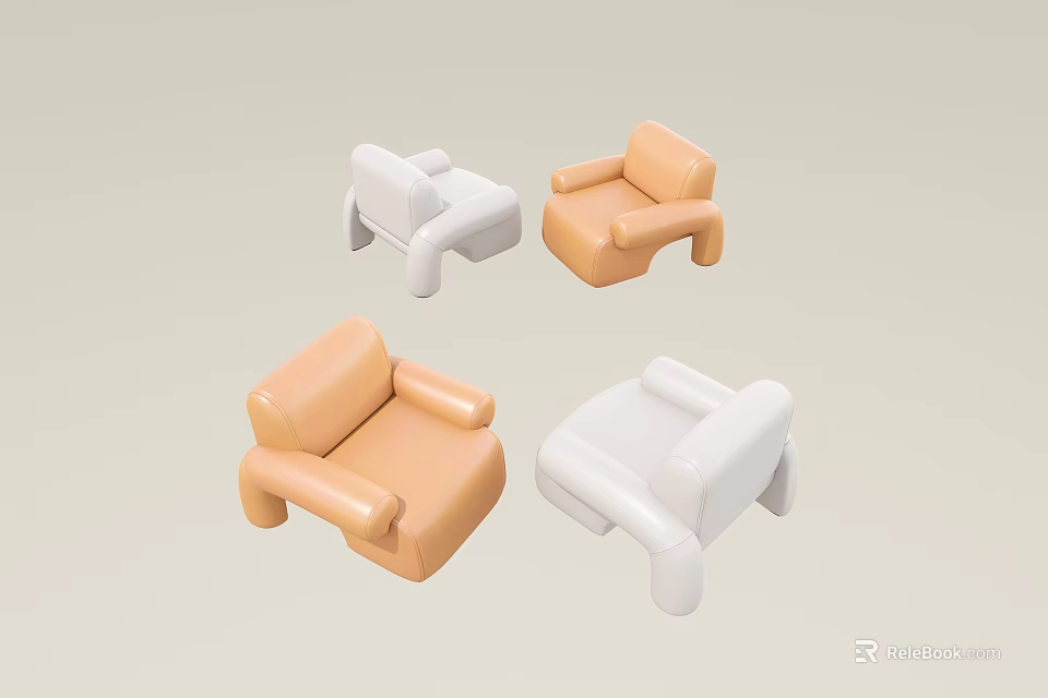 White and Orange Single Sofa with Modern Minimalist Design and Simple Lines 3d model 