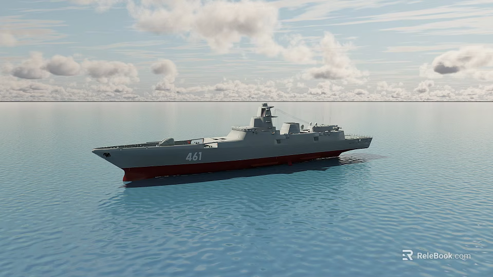 Gray Warship Number 461 Sailing On Blue Sea Under Cloudy Sky 3d model 