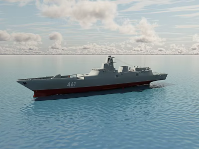 Gray Warship Number 461 Sailing On Blue Sea Under Cloudy Sky 3d model