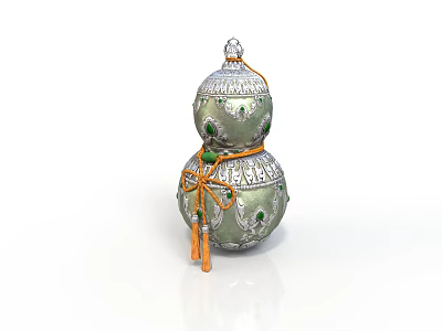 Decorative Gourd Shaped Household Item With Silver Ornaments Green Accents Orange Rope And Tassels 3d model