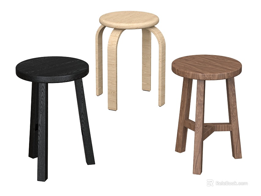Three Different Colored Wooden Bar Stools With Modern Design And Varied Styles 3d model 