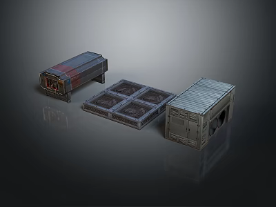 Three Industrial Equipment Metal Enclosures With Grilled Panels And Lidded Cases 3d model