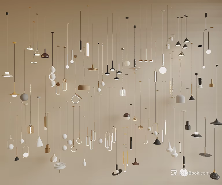 Stylish Modern Interior With Multiple Designer Chandeliers In Various Shapes And Styles 3d model