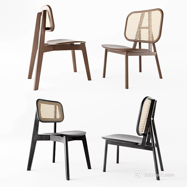 Modern Minimalist Dining Chairs With Wooden Frame And Rattan Backrest In Brown Black 3d model 