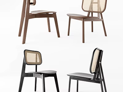Modern Minimalist Dining Chairs With Wooden Frame And Rattan Backrest In Brown Black 3d model