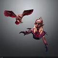 Fantasy Horned Elf Female Character With Purple Outfit And Red Winged Bird Creature