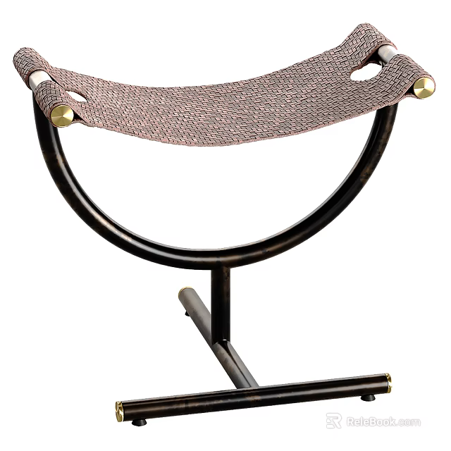 Modern Handwoven Fabric Stool with Black Metal Curved Frame and Brass Accents 3d model 