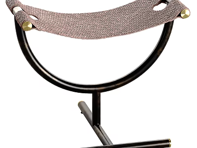Modern Handwoven Fabric Stool with Black Metal Curved Frame and Brass Accents 3d model