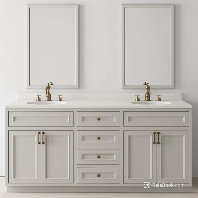 Bathroom Vanity Cabinet With Double Sink White Design Brass Faucets And Mirrors Above 3d model 