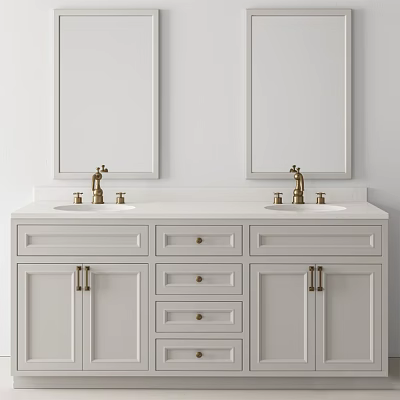 Bathroom Vanity Cabinet With Double Sink White Design Brass Faucets And Mirrors Above 3d model