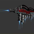 Futuristic Cosmic Spaceship With Blue Thrusters And Red Black Mechanical Design