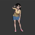Cartoon Girl Character In Yellow Shirt Blue Skirt And Pink Sneakers