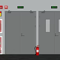 Gray Double Fire Doors With Green Exit Signs Red Fire Extinguisher And Wall Safety Signs