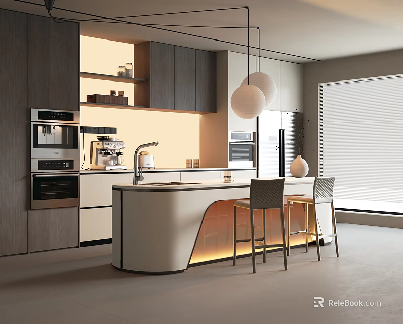 Modern Restaurant Kitchen Interior With Island Counter Cabinets Appliances Chairs And Pendant Lights 3d model 