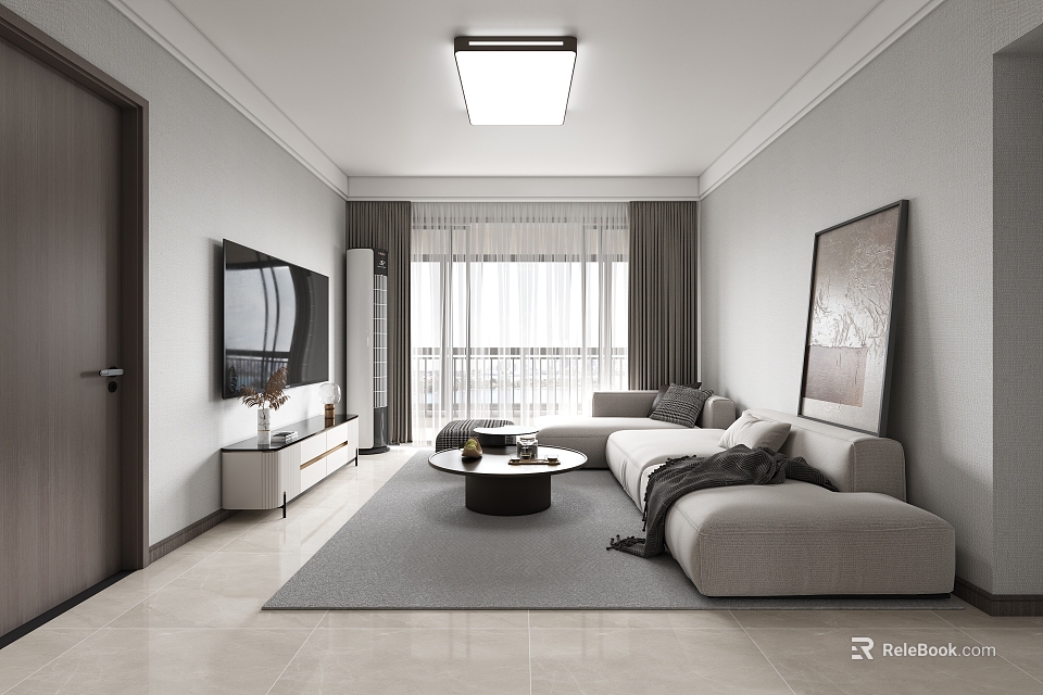 Modern Living Dining Room Interior With Sofa Coffee Table TV And Floor To Ceiling Windows 3d model 