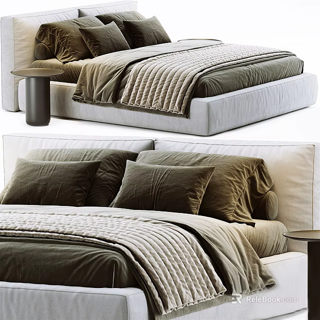 Modern Double Bed Design With Light Frame Brown Pillows And Striped Blanket 3d model 