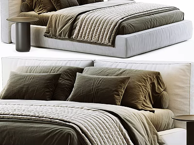Modern Double Bed Design With Light Frame Brown Pillows And Striped Blanket 3d model