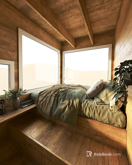 Cozy Wooden Bedroom With Large Windows Green Bed Linens Natural Light And Potted Plant 3d model 