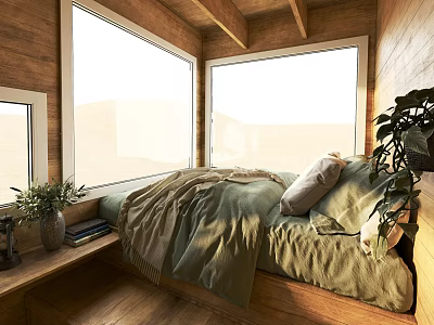 Cozy Wooden Bedroom With Large Windows Green Bed Linens Natural Light And Potted Plant 3d model