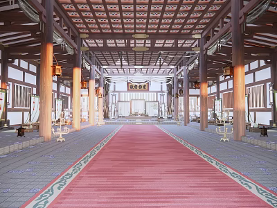 Traditional East Asian Shrine Main Hall Interior With Red Carpet Wooden Columns And Lattice Ceiling 3d model