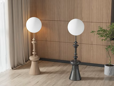 Modern Floor Lamps With White Spherical Shades And Wooden Metal Bases In Interior With Plant 3d model
