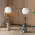Modern Floor Lamps With White Spherical Shades And Wooden Metal Bases In Interior With Plant