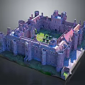 Cartoon Scenic Castle Model With Red Brick Architecture Central Green Courtyard And Tower Structures