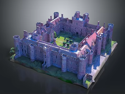 Cartoon Scenic Castle Model With Red Brick Architecture Central Green Courtyard And Tower Structures 3d model