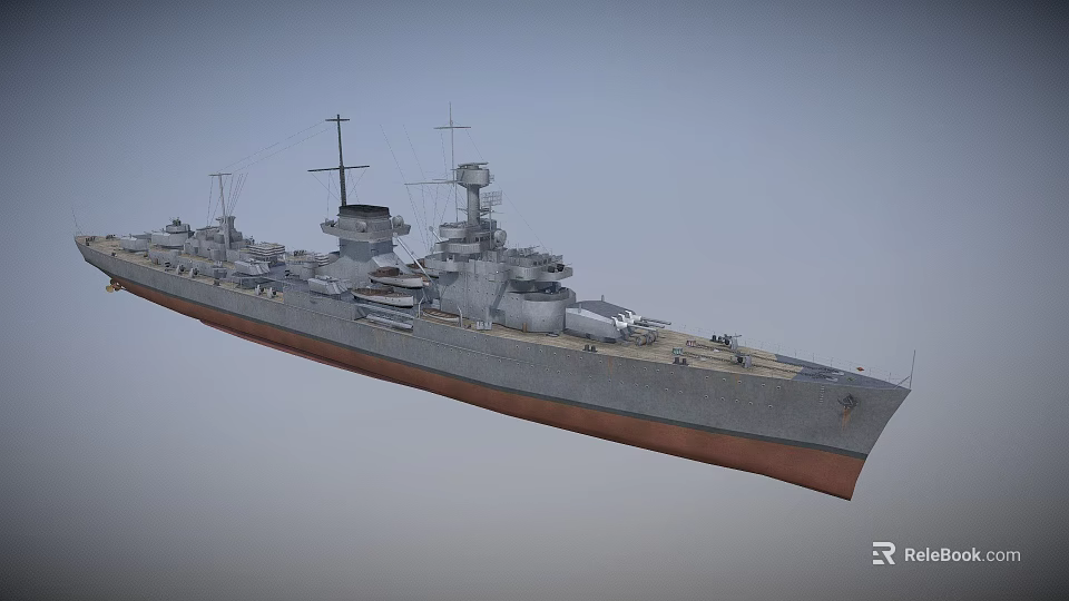 Large Warship Structure With Gray Hull Brown Bottom Turrets And Masts 3d model 