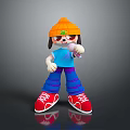 Dog Stuffed Doll Wearing Orange Hat Blue T-shirt Purple Striped Pants Red Sneakers Pink Microphone