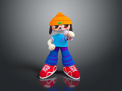 Dog Stuffed Doll Wearing Orange Hat Blue T-shirt Purple Striped Pants Red Sneakers Pink Microphone 3d model