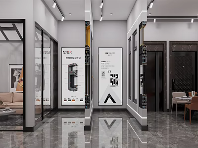 Elegant Modern Door Showroom Interior With Glass Displays Marble Floors And Lighting Fixtures 3d model