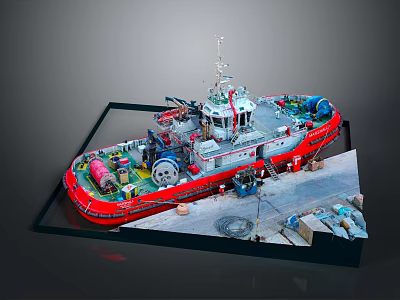 Red Tugboat Model on Display with Deck Equipment Lifesaver and Control Console 3d model
