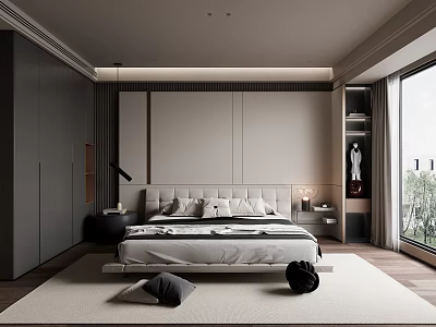 Modern Bedroom Interior Design With Comfortable Bed Nightstand Wooden Wardrobe And Large Window 3d model