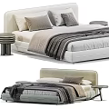 Modern Double Bed with Upholstered Headboard Gray White Bedding and Side Tables 3d model
